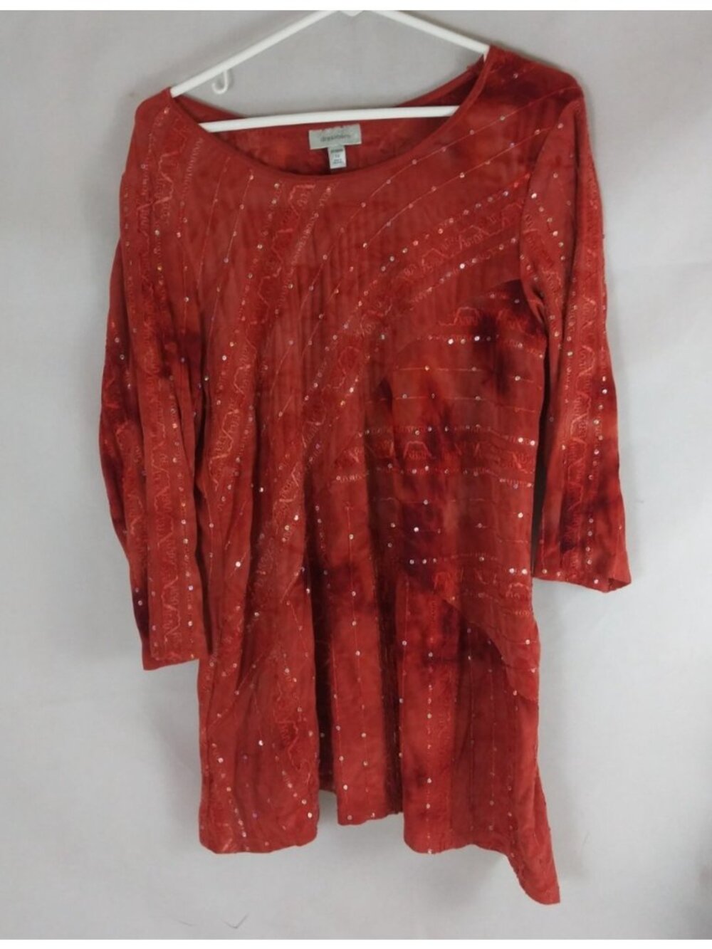 Dressbarn Boho Stretch Red Sequined Asymmetric Hem 3/4 Sleeve Blouse Woman 1X